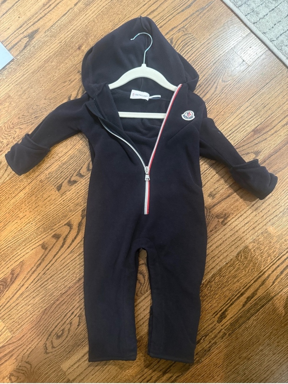 Moncler Navy Hooded Baby One-Piece with Tricolor Zip Detail